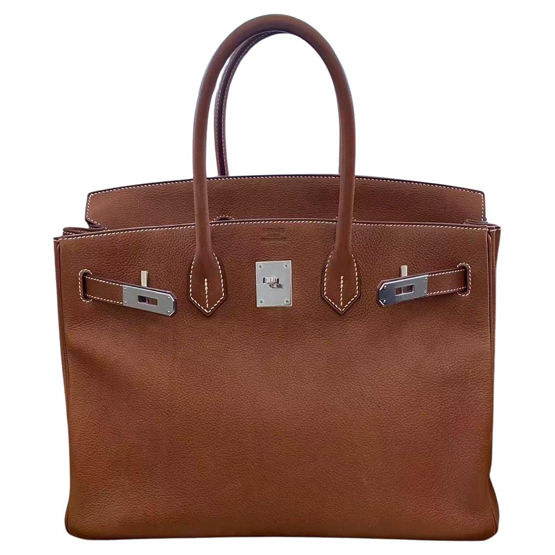 Sac Hermès Birkin 35 Fauve Barenia Faubourg Palladium Hardware