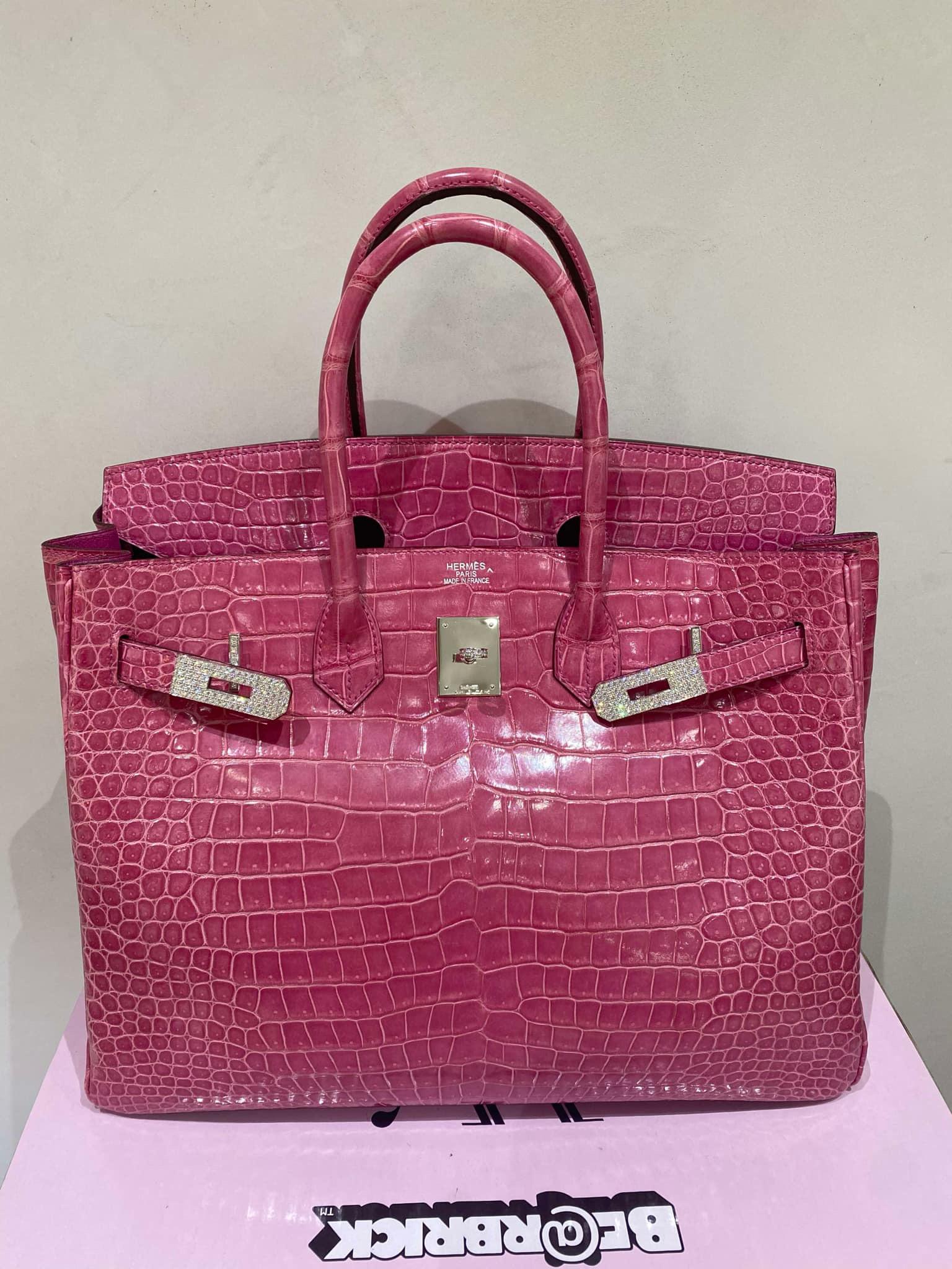Hermes Birkin 35 Fuchsia Porosus Crocodile Diamond 18K White Gold Bag For Sale 7