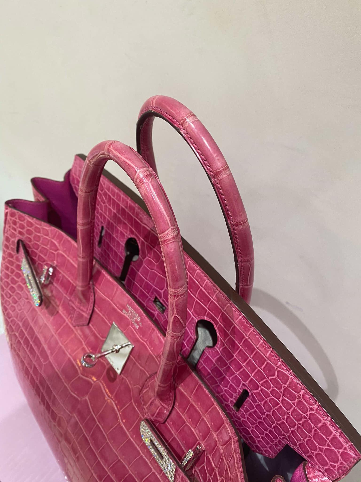 Hermes Birkin 35 Fuchsia Porosus Crocodile Diamond 18K White Gold Bag For Sale 8