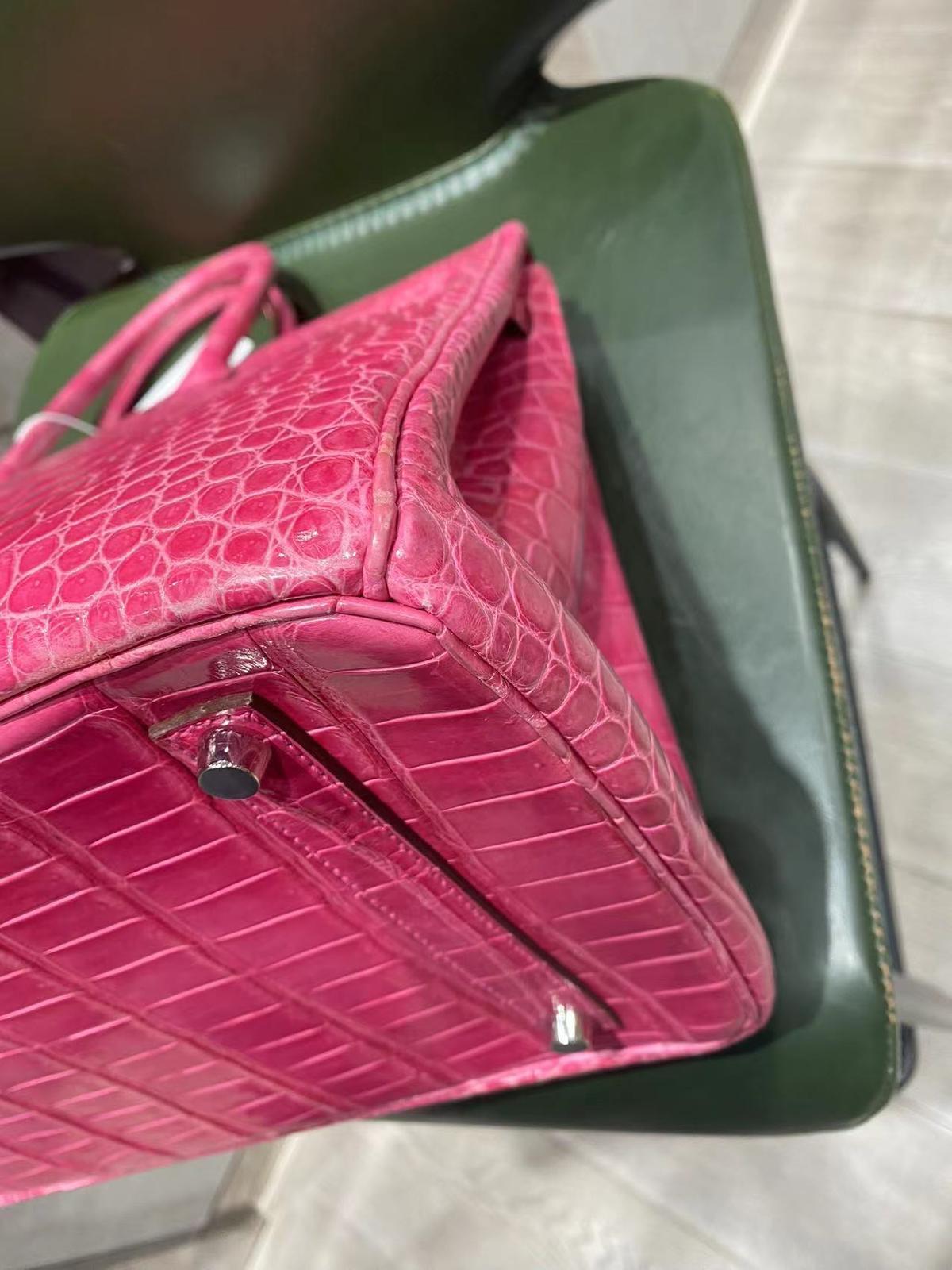 Pink Hermes Birkin 35 Fuchsia Porosus Crocodile Diamond 18K White Gold Bag For Sale