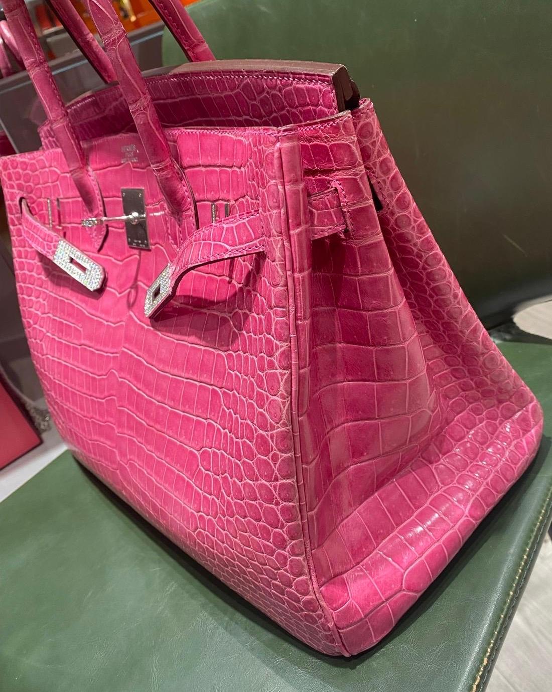 Hermes Birkin 35 Fuchsia Porosus Crocodile Diamond 18K White Gold Bag For Sale 1