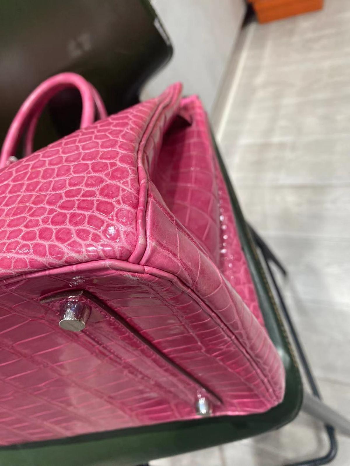 Hermes Birkin 35 Fuchsia Porosus Crocodile Diamond 18K White Gold Bag For Sale 3