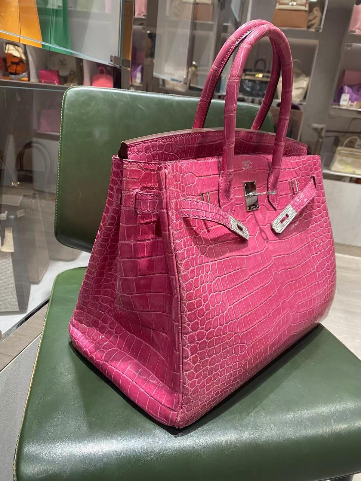 Hermes Birkin 35 Fuchsia Porosus Crocodile Diamond 18K White Gold Bag For Sale 4
