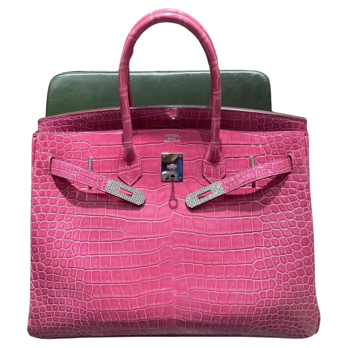 Hermes Birkin 35 Fuchsia Porosus Crocodile Diamond 18K White Gold Bag