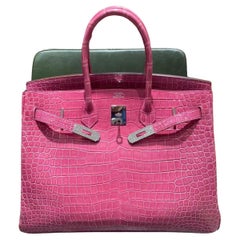 Hermes Birkin 35 Fuchsia Porosus Crocodile Diamond 18K White Gold Bag