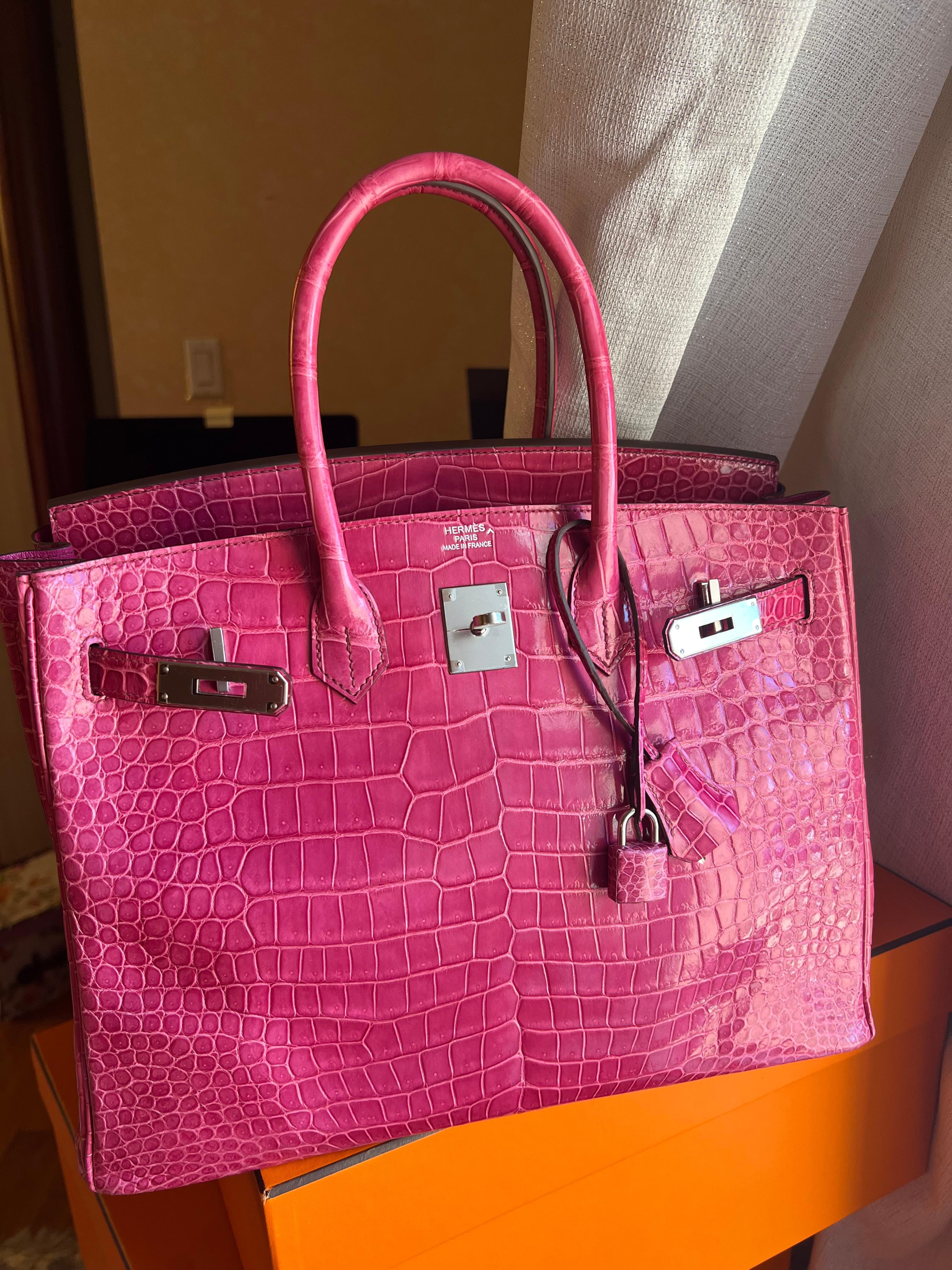 Women's or Men's Hermes Birkin 35 Rose Tyrien Porosus Crocodile PHW Bag