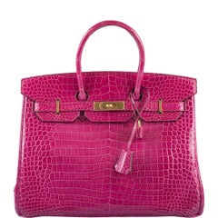 Hermès Birkin 35 Fuchsia Porosus Crocodile with Gold Hardware Bag