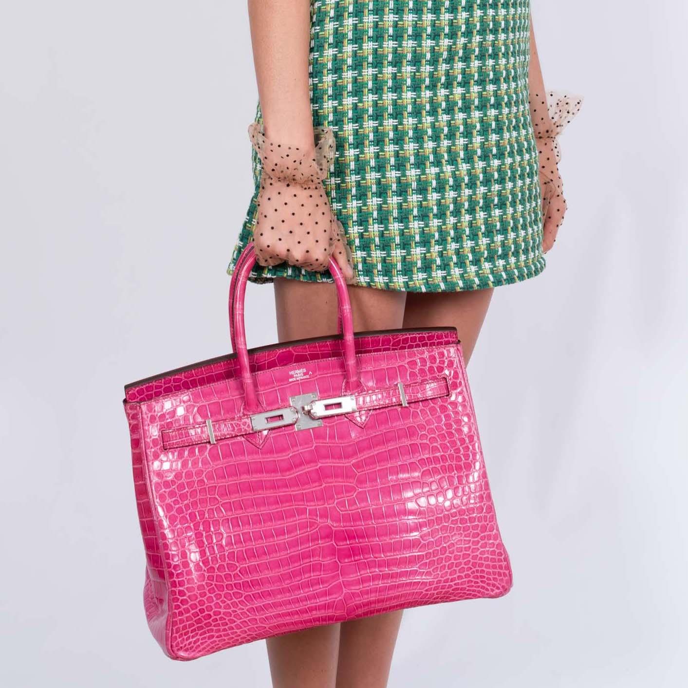 Hermes Birkin 35 Fucsia Brillante Cocodrilo Porosus Herrajes Paladio en venta 2