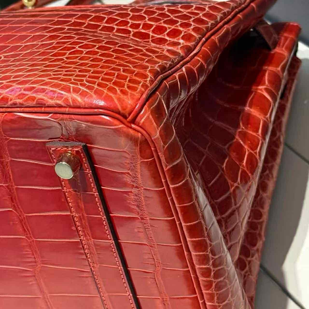 Hermes Birkin 35 Geranium Shiny Porosus Crocodile Bag GHW For Sale 5