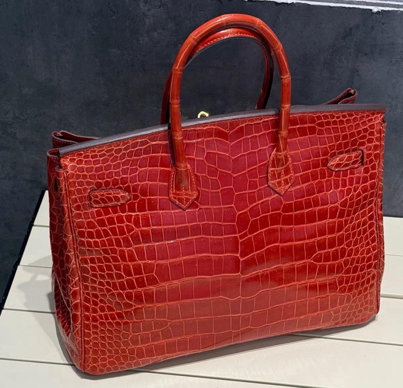 Red Hermes Birkin 35 Geranium Shiny Porosus Crocodile Bag GHW For Sale