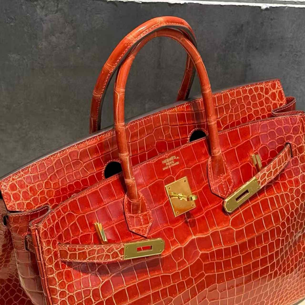 Hermes Birkin 35 Geranium Shiny Porosus Crocodile Bag GHW For Sale 2