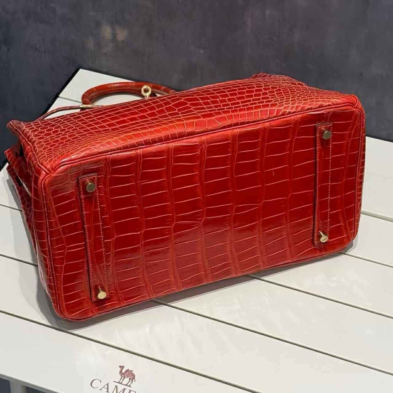 Hermes Birkin 35 Geranium Shiny Porosus Crocodile Bag GHW For Sale 4