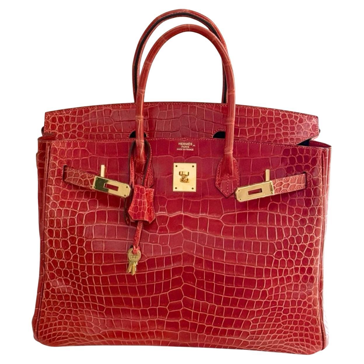 Hermes Birkin 35 Geranium Shiny Porosus Crocodile Bag GHW For Sale