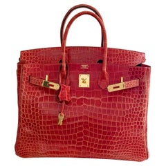 Hermes Birkin 35 Geranium Shiny Porosus Crocodile Bag GHW