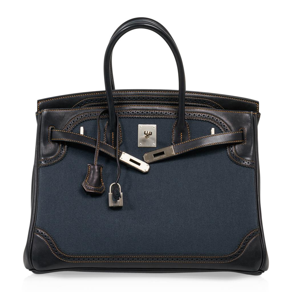 Women's Hermes Birkin 35 Ghillies Denim Fonce Toile / Black Evercalf Bag Limited Edition