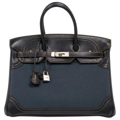 Sac Hermès Birkin 35 Ghillies Denim Fonce Toile / Evercalf Noir Édition Limitée