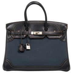 Hermes Birkin 35 Ghillies Denim Fonce Toile / Black Evercalf Bag Limited Edition