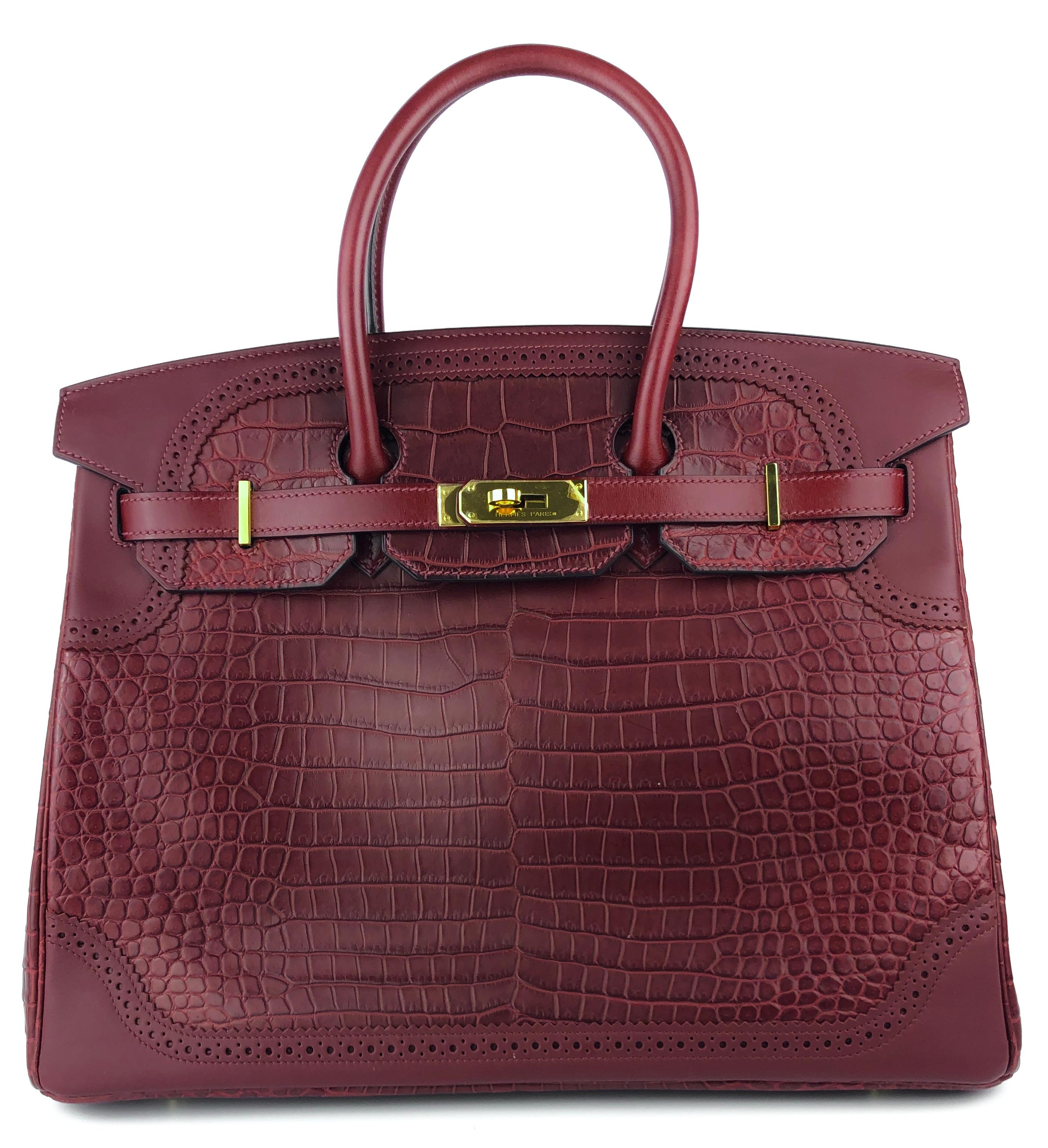 Absolutely Stunning RARE Collectors Piece. Hermes Birkin 35 Ghillies Grand Mirage Matte Alligator Rouge Hand Swift Leather, Blue Interior Leather. Complimented by Gold Hardware. Pristine Condition, Plastic on hardware, excellent structure and