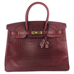 Vintage Hermes Birkin 35 Ghillies Rouge H Burgundy Matte Alligator Gold Hardware RARE