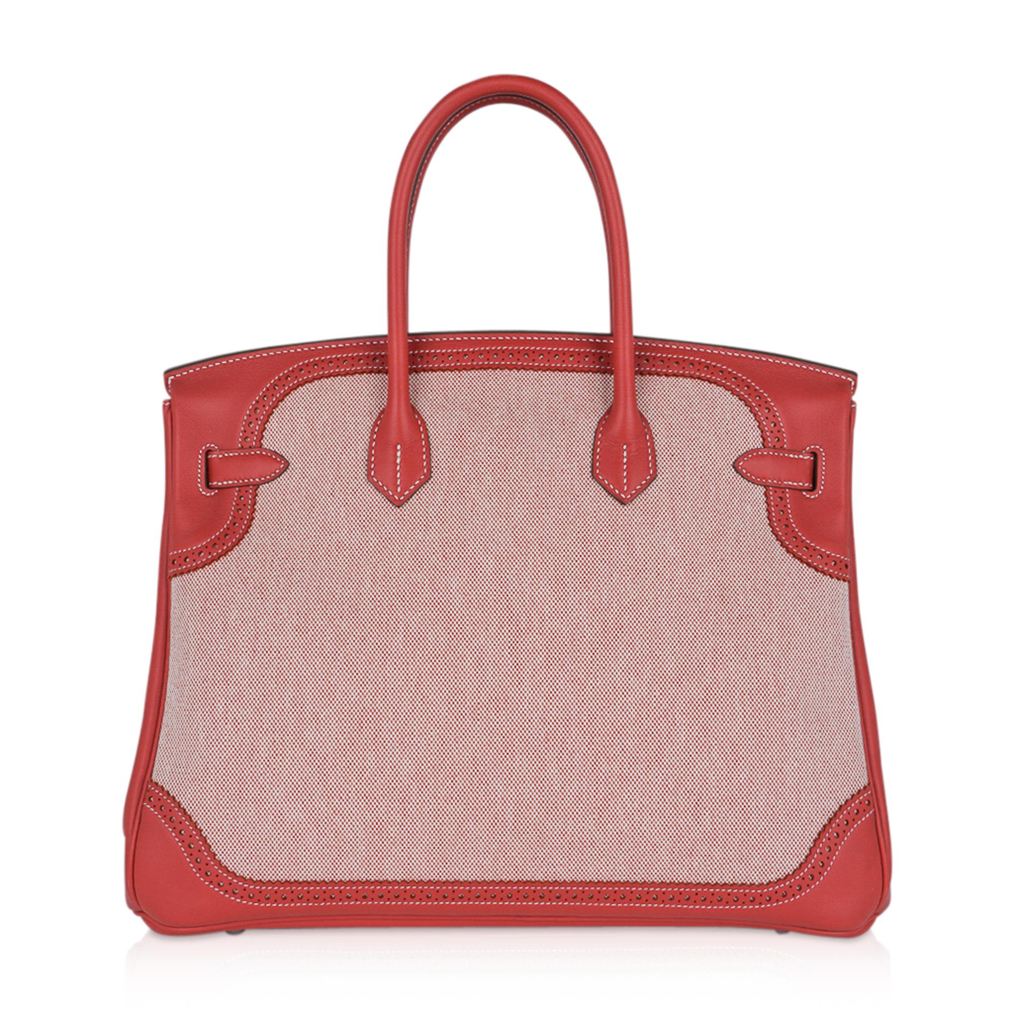 Hermes Birkin 35 Ghillies Sanguine Limited Edition Bag Toile/Swift Palladium For Sale 3