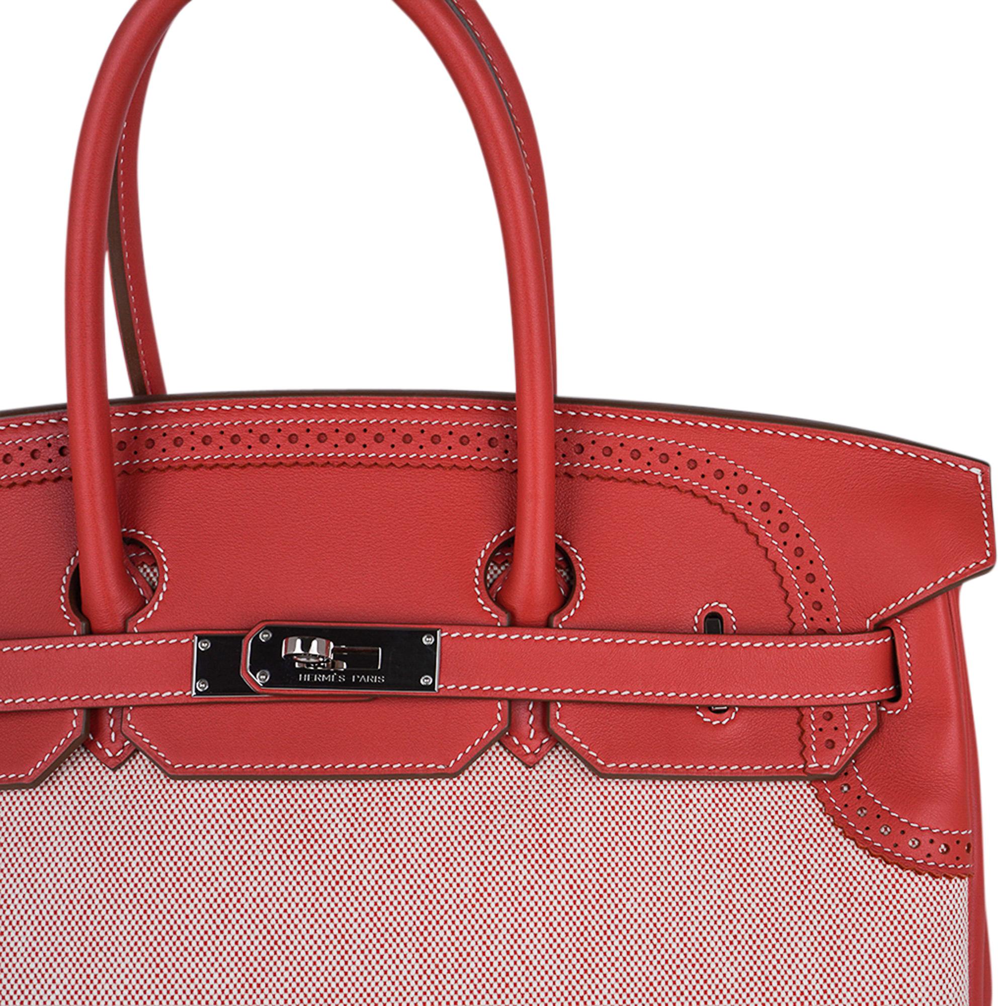 Pink Hermes Birkin 35 Ghillies Sanguine Limited Edition Bag Toile/Swift Palladium For Sale