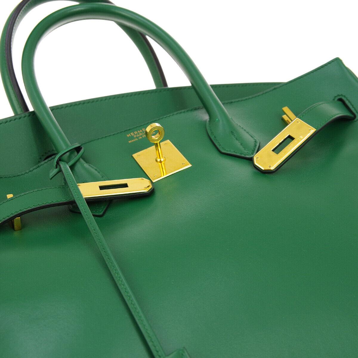 Blue Hermes Birkin 35 Green Leather Gold Top Carryall Handle Satchel Travel Tote Bag