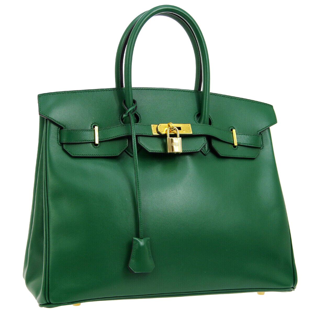 Hermes Birkin 35 Green Leather Gold Top Carryall Handle Satchel Travel Tote Bag