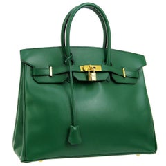 Retro Hermes Birkin 35 Green Leather Gold Top Carryall Handle Satchel Travel Tote Bag