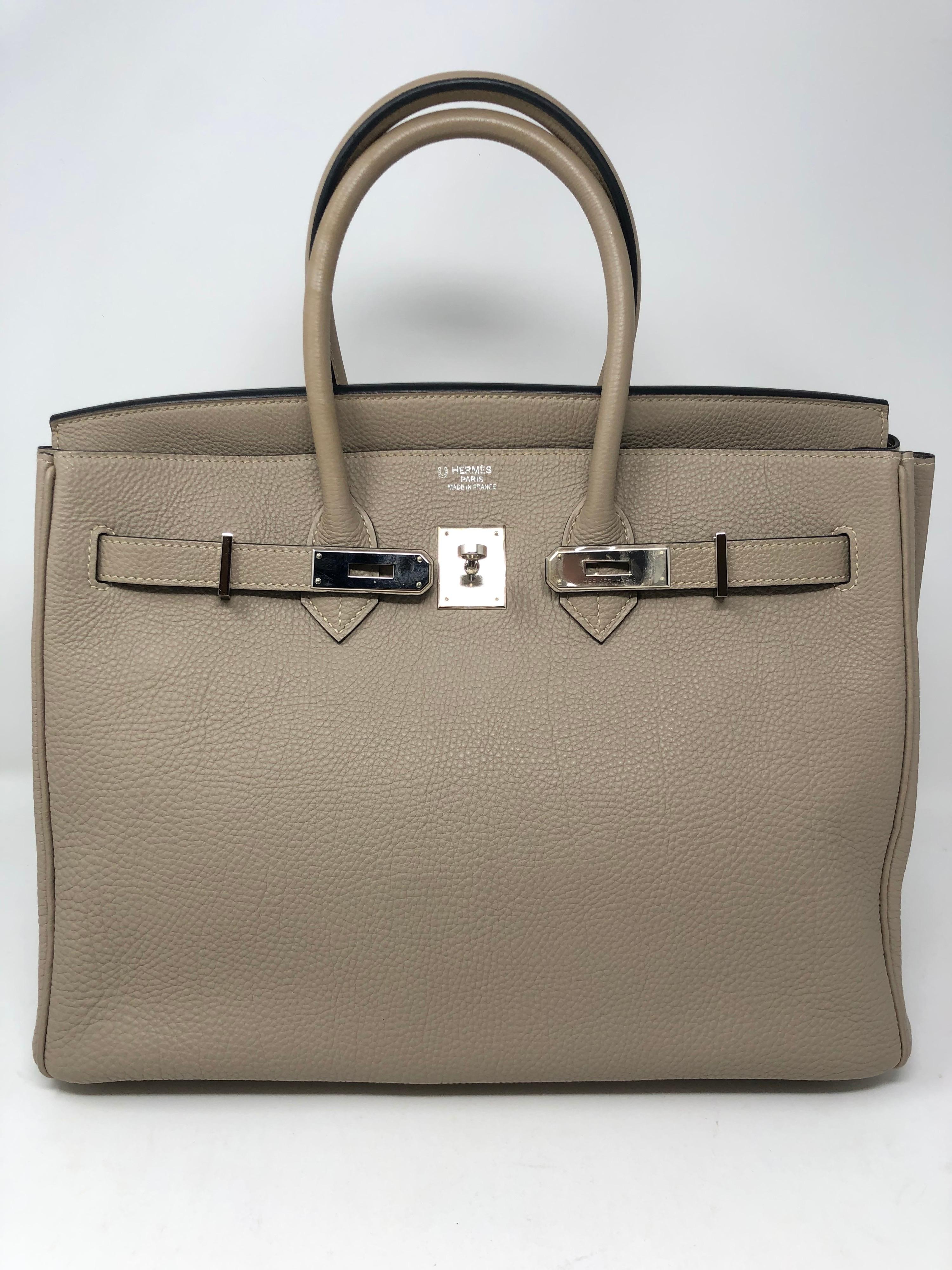 Hermes Birkin 35 Gris Tourterelle /Etoupe. Special Order bag. Exterior is Gris Tourterelle color and interior is Etoupe darker grey color. Togo leather. Palladium hardware. M stamp from 2009. Excellent condition. Most wanted color. Full set with