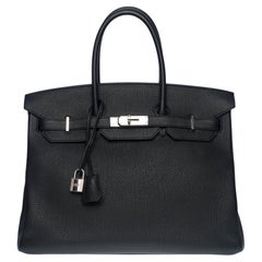 Sac à main Hermès Birkin 35 en cuir Togo noir et accessoires Palladium Silver 
