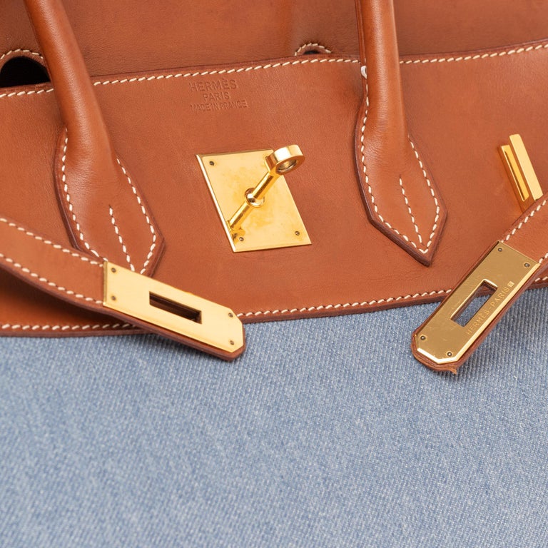 Hermès Birkin 35 handbag in blue denim and brown barenia leather