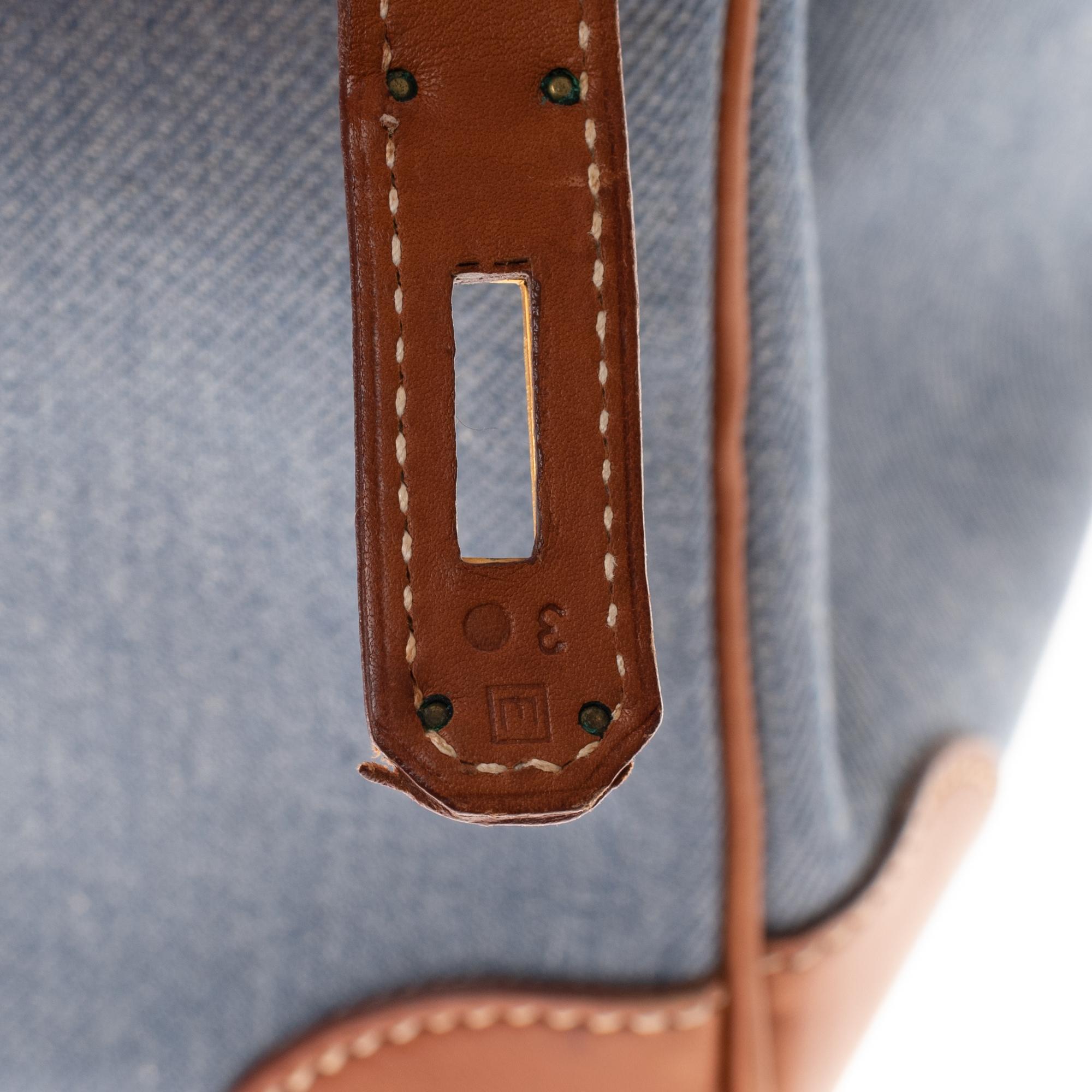 Gray Hermès Birkin 35 handbag in blue denim & brown barenia leather, GHW