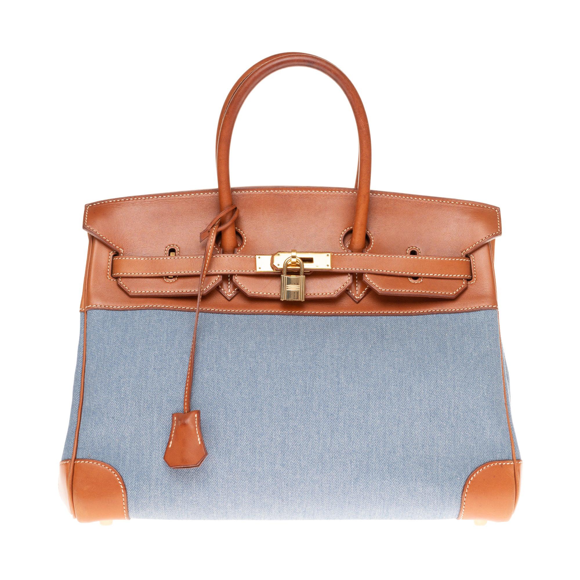 Hermès Birkin 35 handbag in blue denim and brown barenia leather