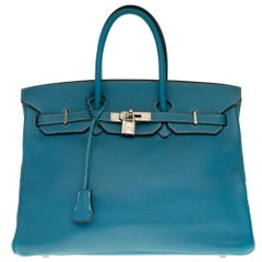 Hermès Birkin 35 handbag in Blue Jean Clémence Taurillon leather, PHW !