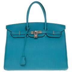 Hermès Birkin 35 handbag in blue jean Togo leather with Silver hardware !