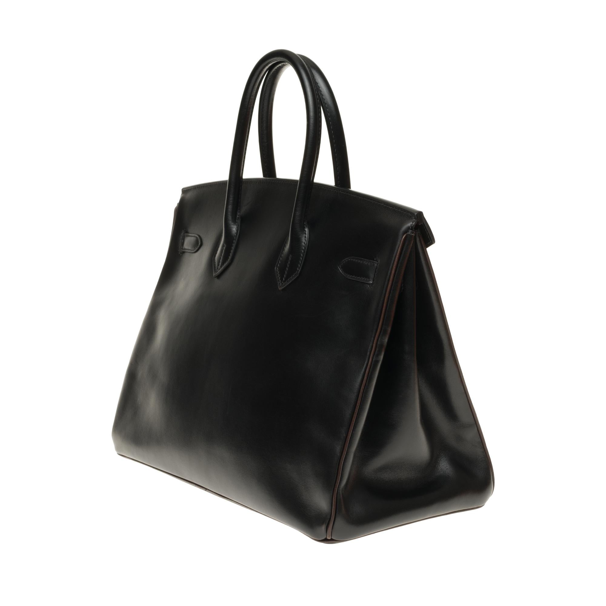 Hermès Birkin 35 Handtasche Sonderbestellung Bicolor in schwarzem und braunem Kalbsleder:: PHW im Zustand „Gut“ in Paris, IDF