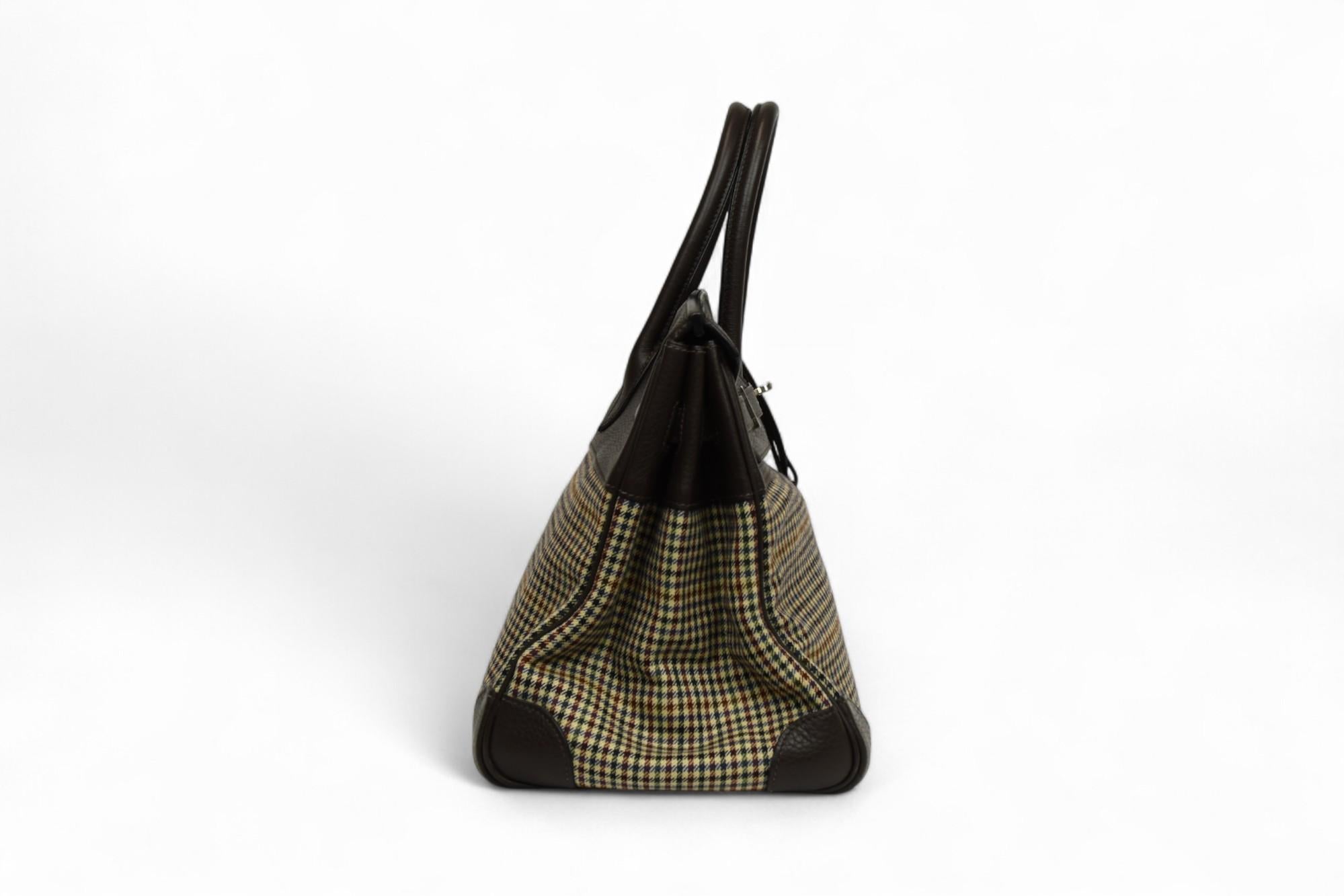 Hermès Birkin 35 Houndstooth Wool Lainage & Chocolate Clemence  Palladium HW In Good Condition In West Hartford, CT