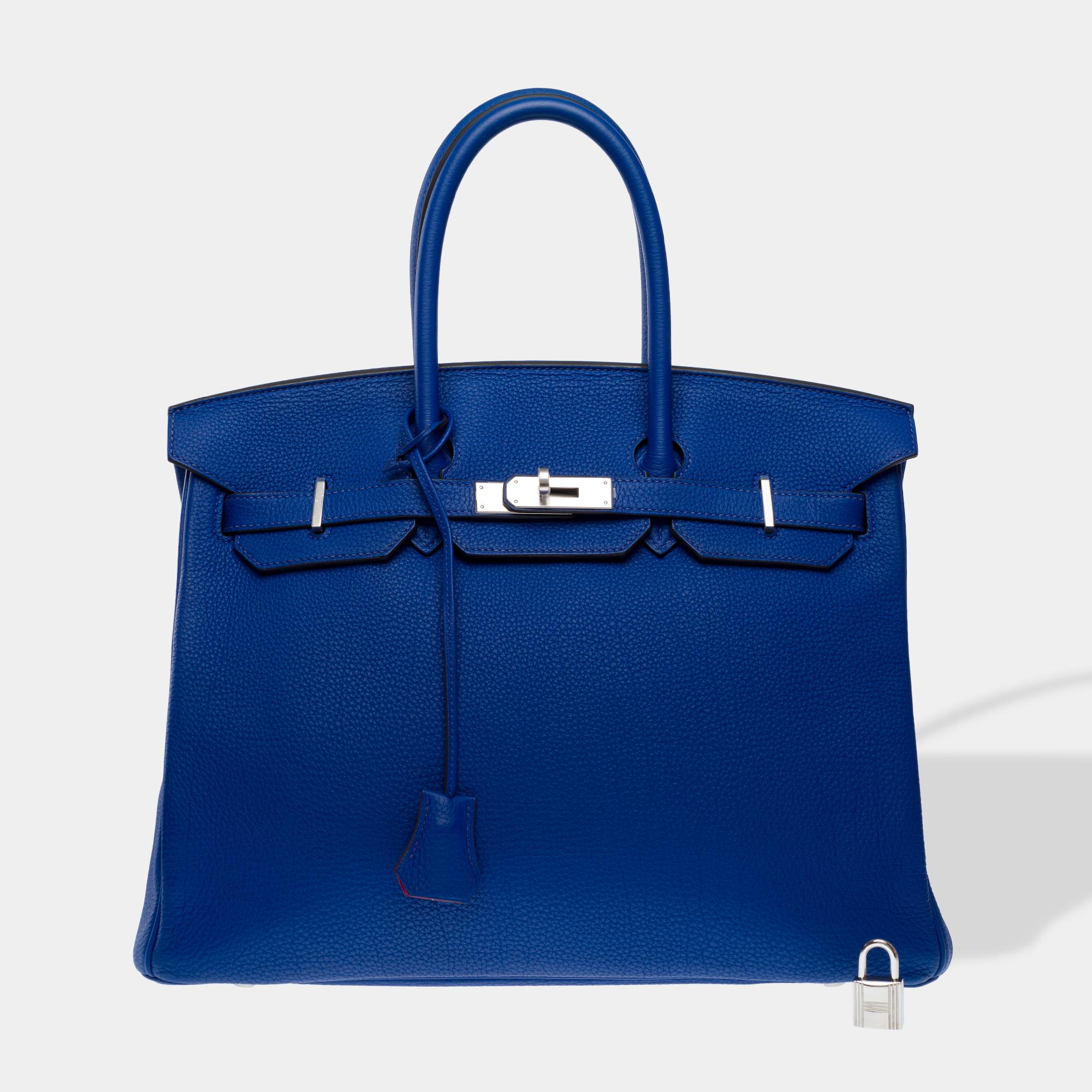 Hermès Birkin 35 HSS handbag in Electric Blue Togo&Fuchsia interior leather, PHW In Excellent Condition For Sale In Paris, IDF