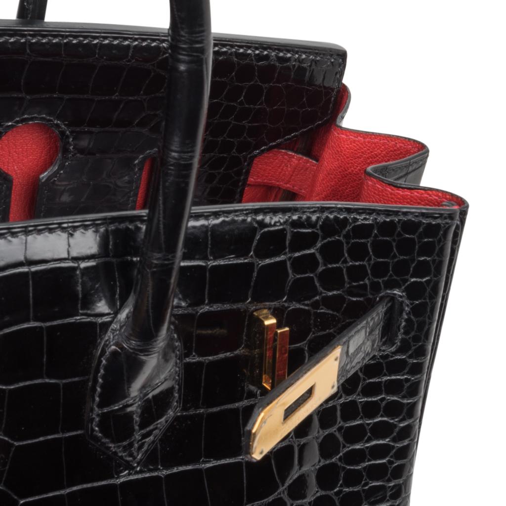 Women's Hermes Birkin HSS 35 Porosus Crocodile Black Red La Rosee One of a Kind Bag For Sale