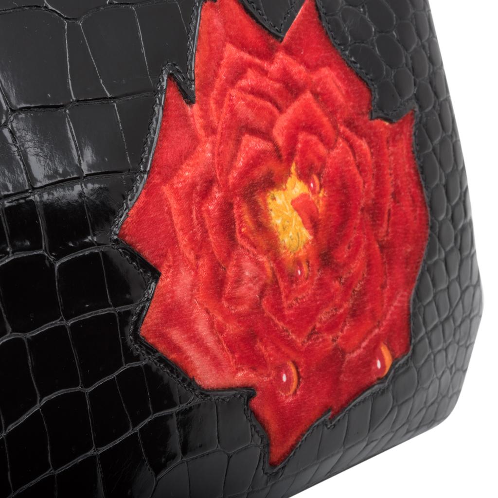 Hermes Birkin HSS 35 Porosus Crocodile Black Red La Rosee One of a Kind Bag For Sale 2