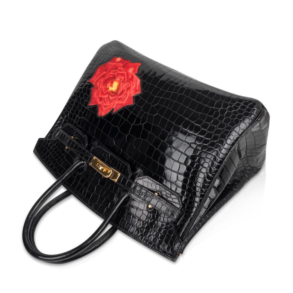 Hermes Birkin HSS 35 Porosus Crocodile Black Red La Rosee One of a Kind Bag For Sale 4