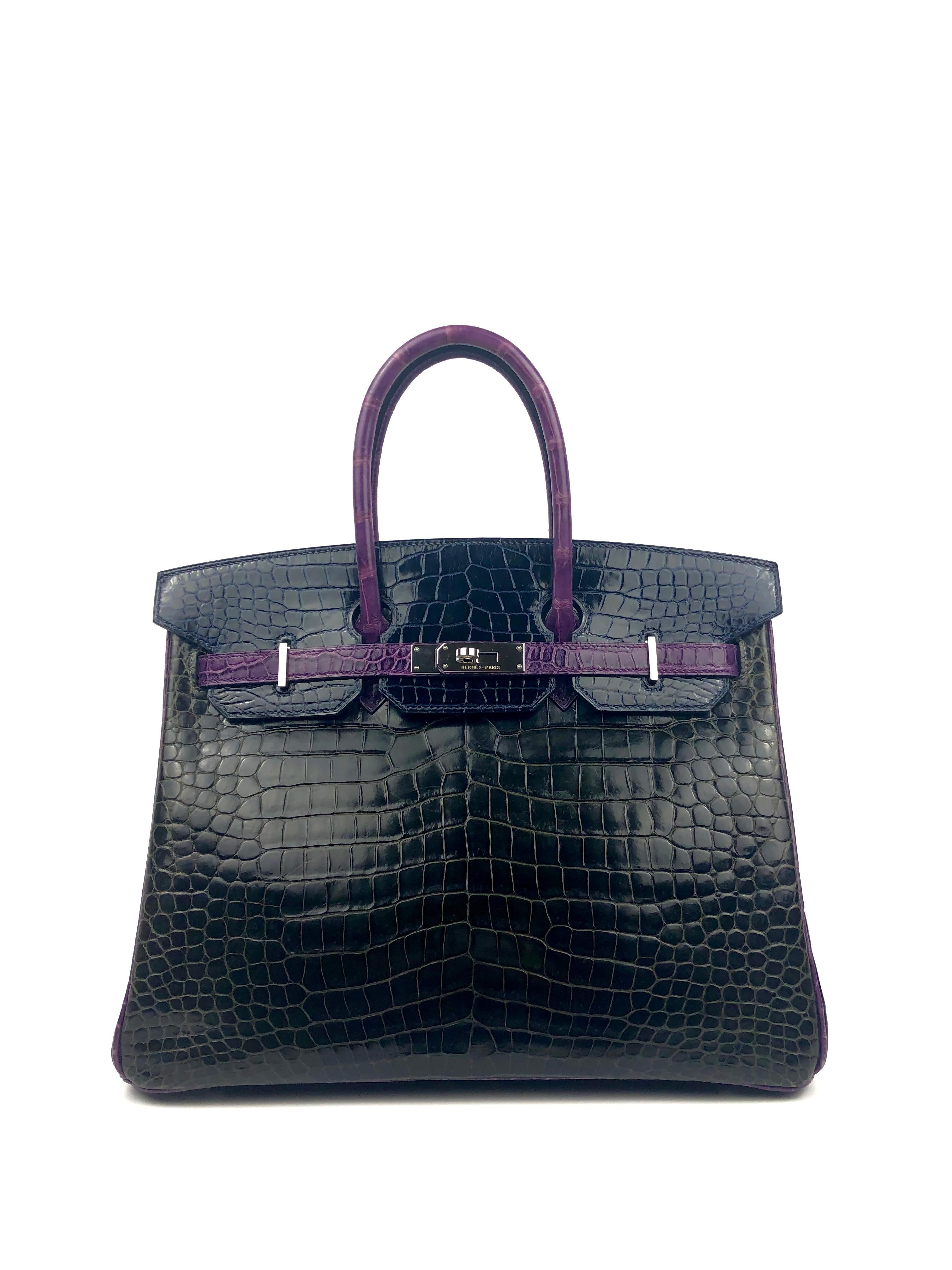 Hermes Birkin 35 HSS Special Oder Tri Color Graphite Blue Marine Violet Crocodile. Excellent Condition Light Hairlines on Hardware some water marketing nothing major or highly noticeable. With Hermès Spa bag would be almost as new. Best Price