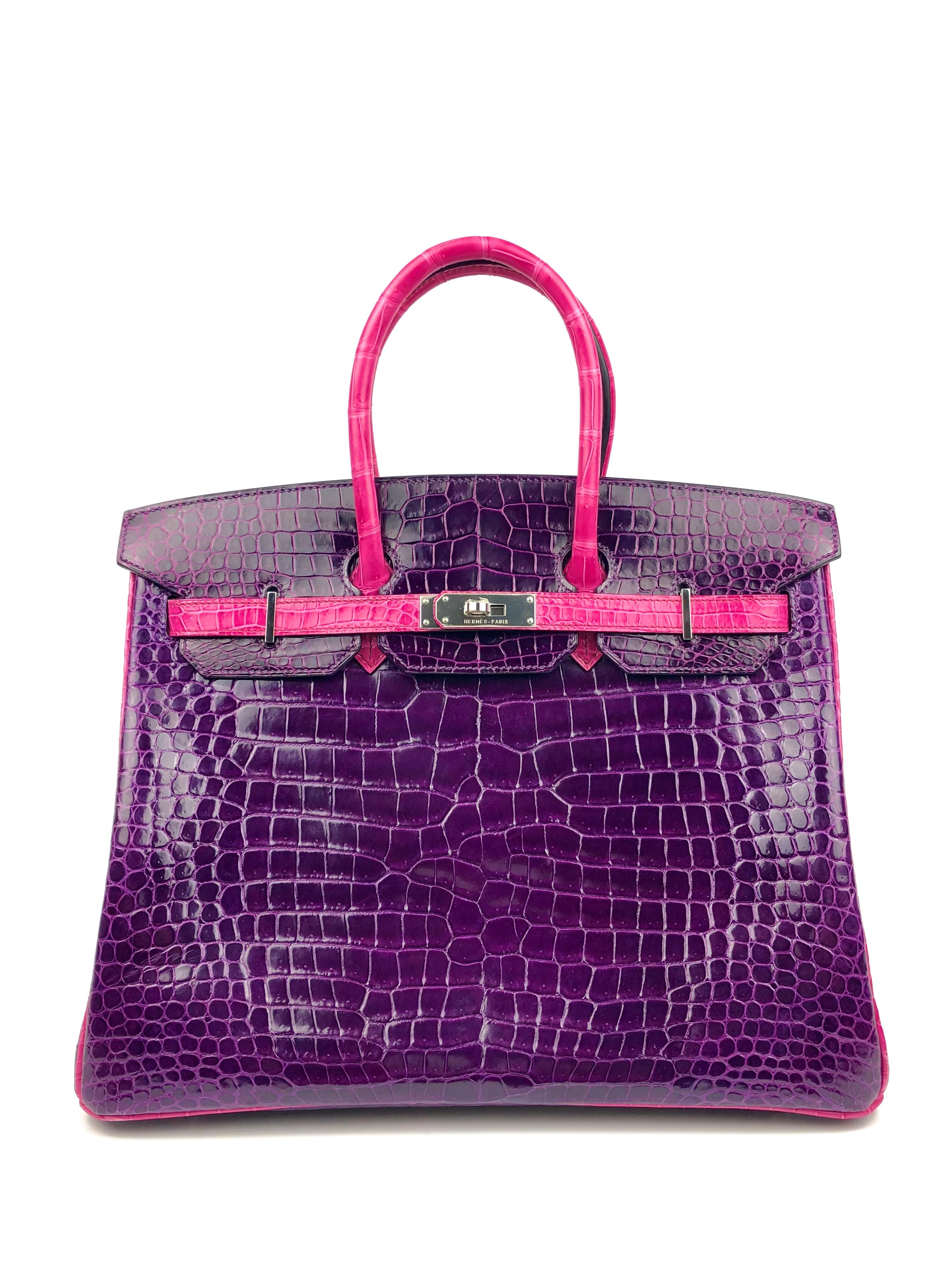 Like New Hermes Birkin 35 HSS Special Order Amethyst Purple Rose Tyrien Pink Crocodile. All Plastic Still attached. From Collectors Closet. Shop With Confidence From Lux Addicts. Authenticity Guaranteed! 