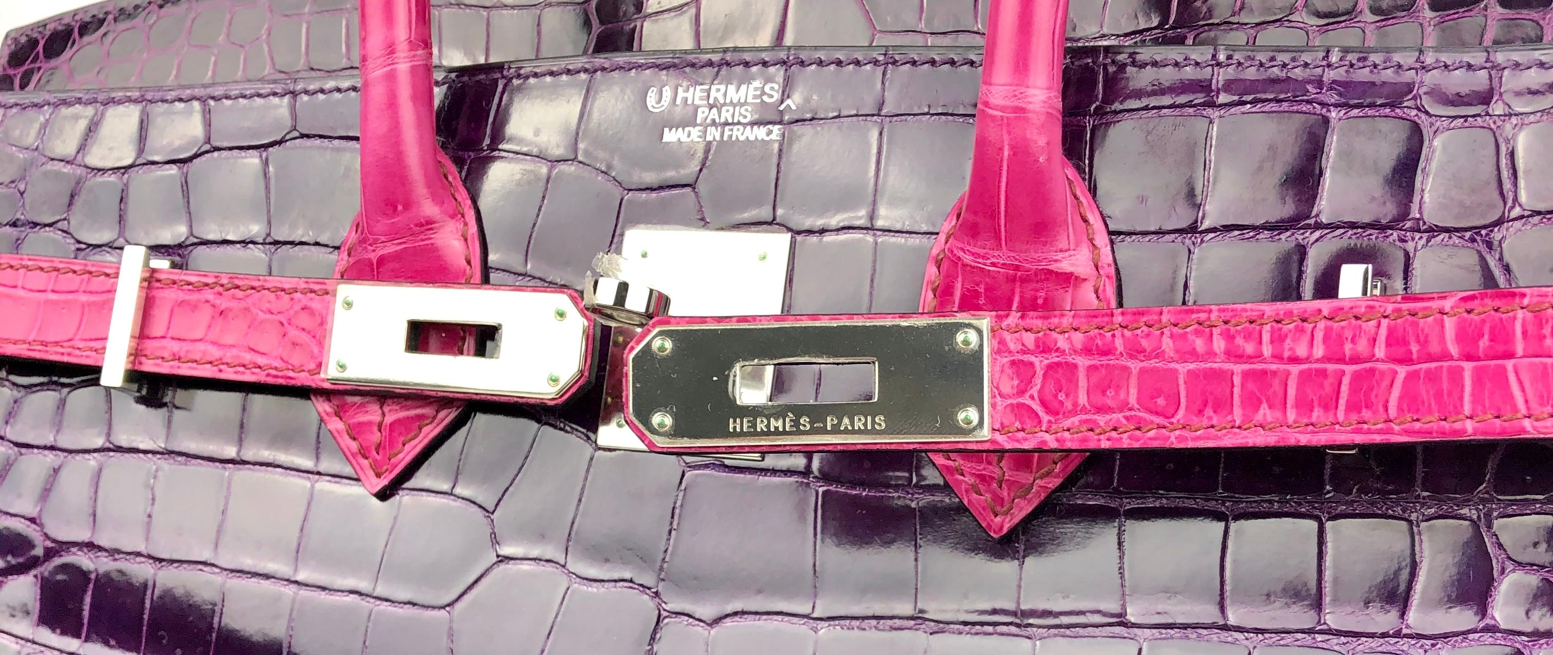 Hermes Birkin 35 HSS Special Order Amethyst Purple Rose Tyrien Pink Crocodile  In Excellent Condition In Miami, FL