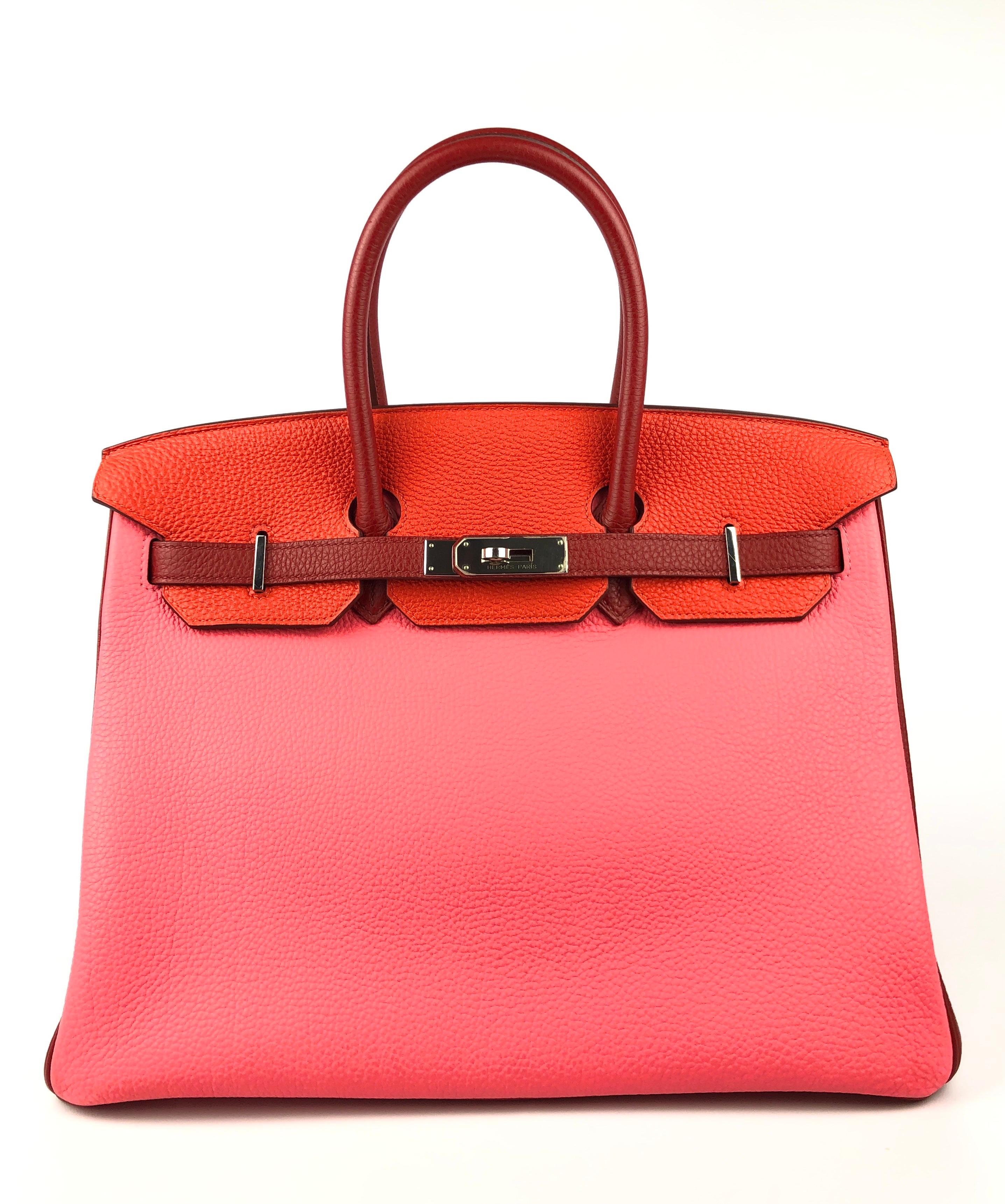 10F1 RARE HERMES BIRKIN 35 HSS SPECIAL ORDER TRI COLOR ROSE LIPSTICK RED CAPUCINE PALLADIUM HARDWARE. Excellent condition, Plastic on hardware excellent corners and structure. 

Shop with Confidence from Lux Addicts. Authenticity Guaranteed. 