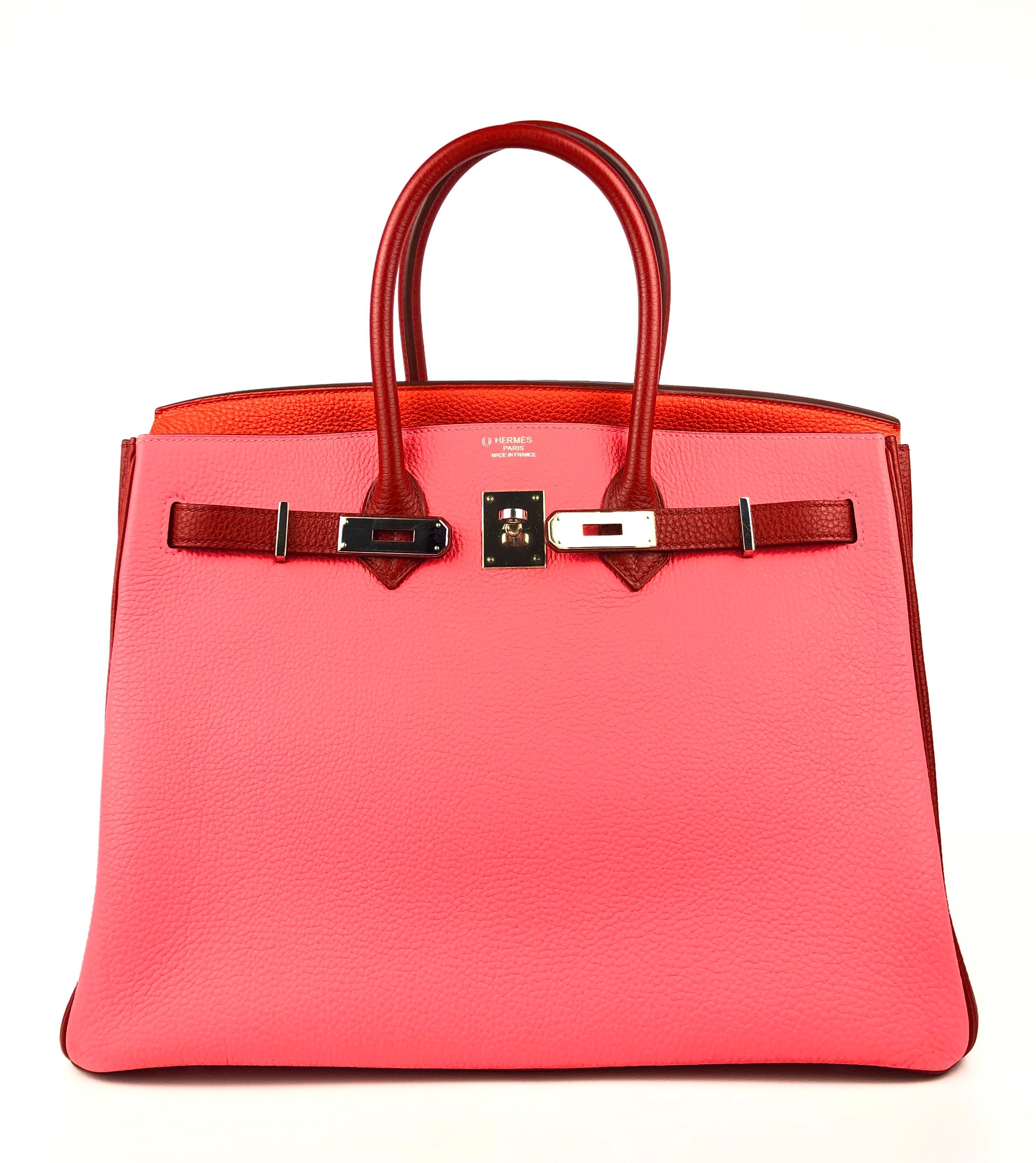 Hermes Birkin 35 HSS Special Order Rose Lipstick Pink Red Capucine Palladium  In Excellent Condition In Miami, FL