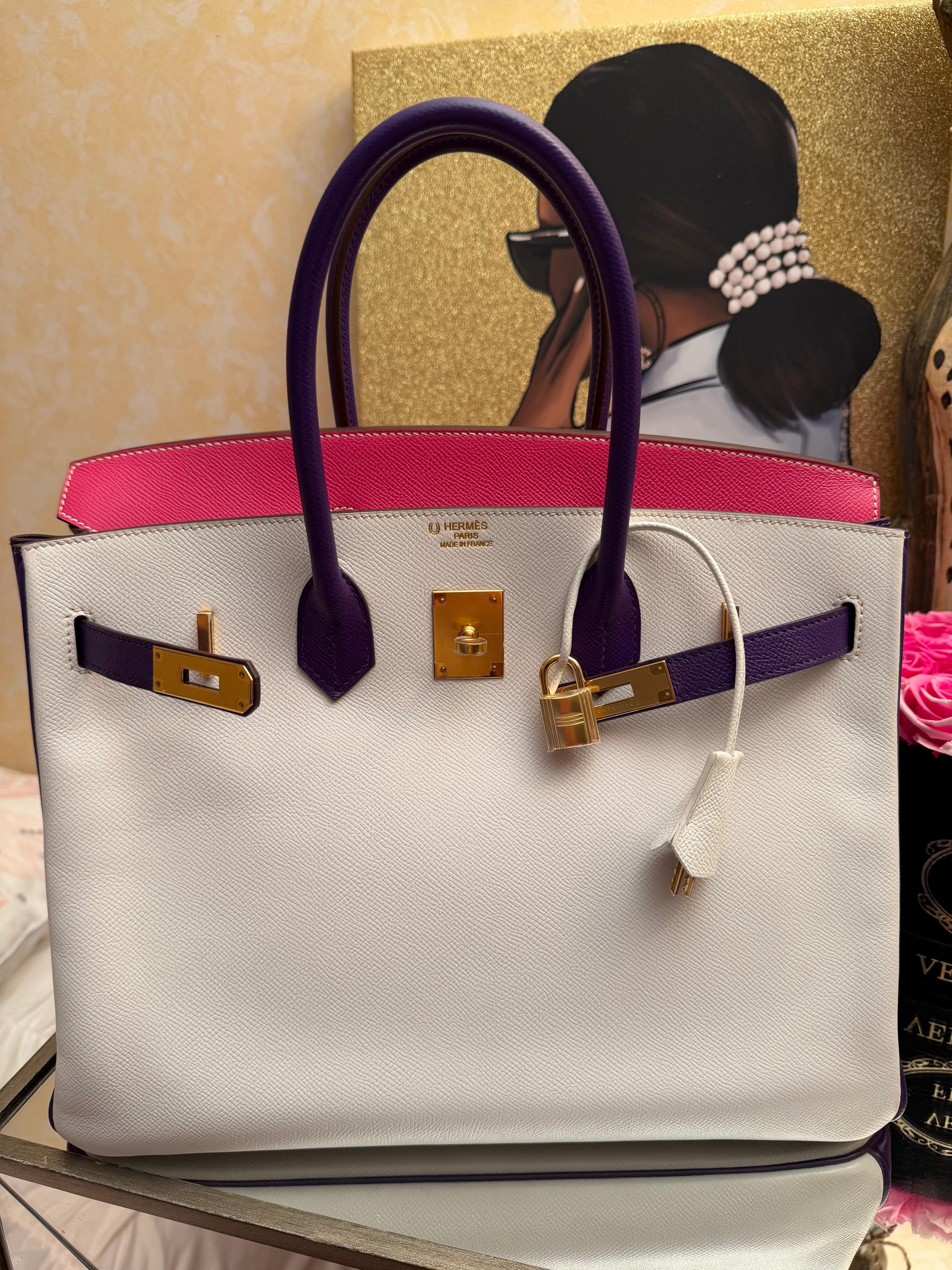 Hermes Birkin 35 HSS Tri Farbe weiß, Anemone, Rose Tyrien Epsom Tasche.
Stempel P.
Schöne Tasche mit GHW. 
Kommt mit Staubbeutel, Schlüssel, Clochette, Schließfach.