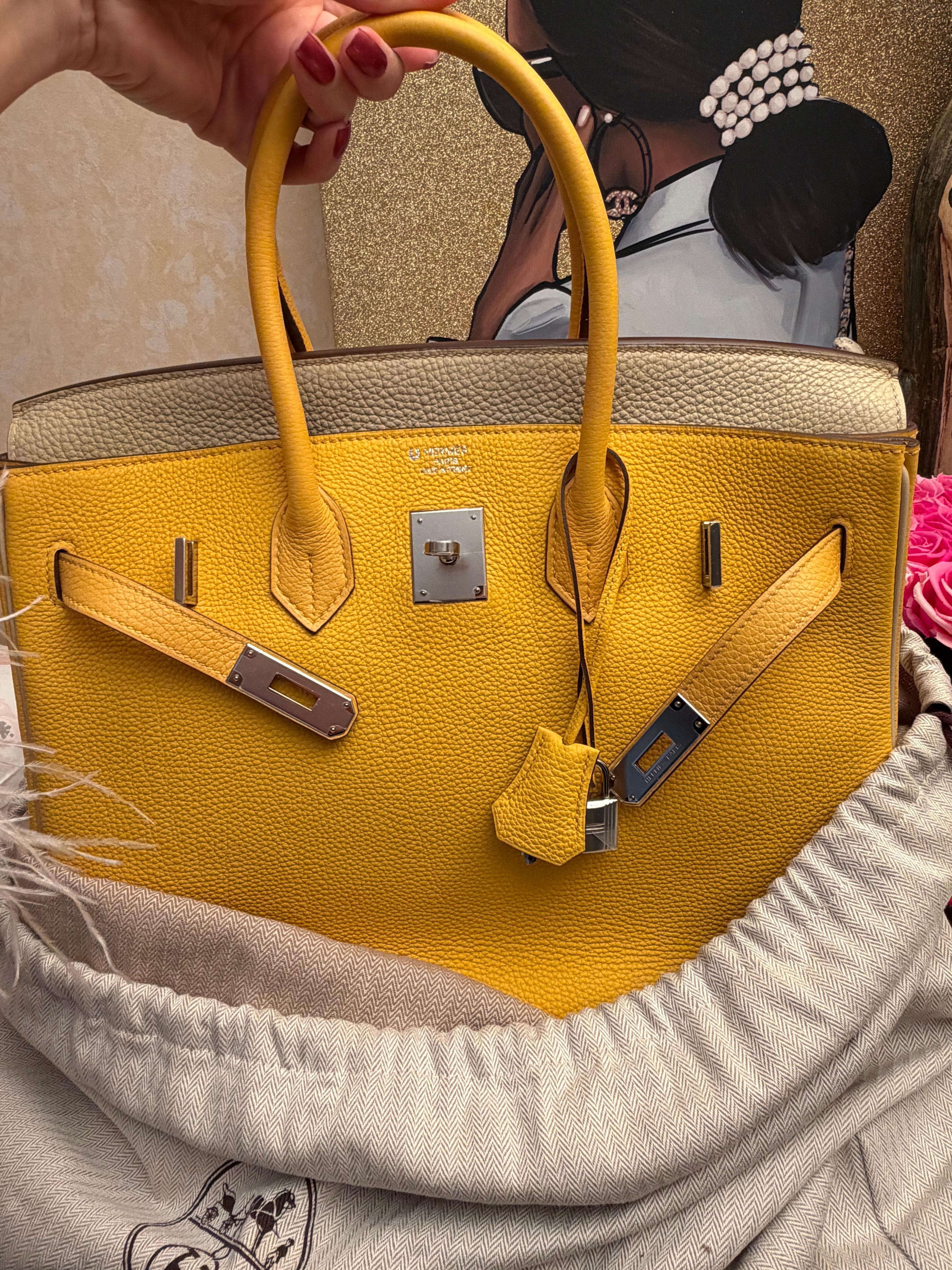 Borsa Hermes Birkin 35 Jaune Ambre e Craie HSS Togo in vendita 9