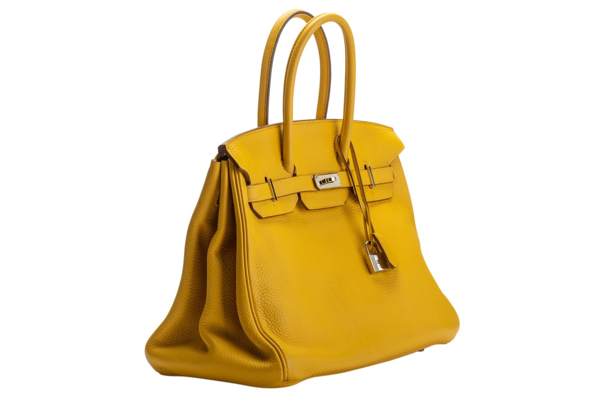 Hermes Birkin 35 clemence leather jaune d'or and palladium hardware. Date stamp M for 2009. Comes with original dust cover.