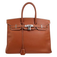 Hermes Birkin 35 Leather Silver Travel Carryall Top Handle Satchel Tote Bag